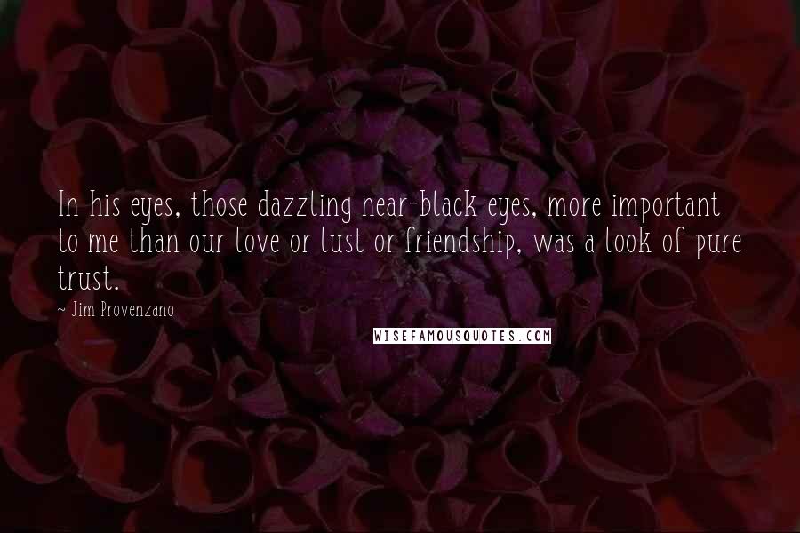 Jim Provenzano Quotes: In his eyes, those dazzling near-black eyes, more important to me than our love or lust or friendship, was a look of pure trust.