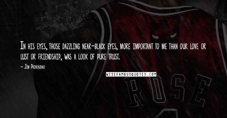 Jim Provenzano Quotes: In his eyes, those dazzling near-black eyes, more important to me than our love or lust or friendship, was a look of pure trust.