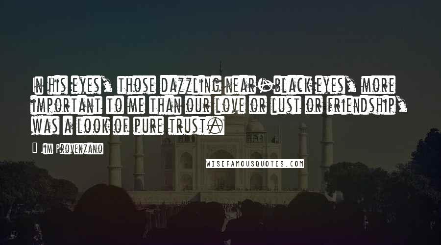 Jim Provenzano Quotes: In his eyes, those dazzling near-black eyes, more important to me than our love or lust or friendship, was a look of pure trust.