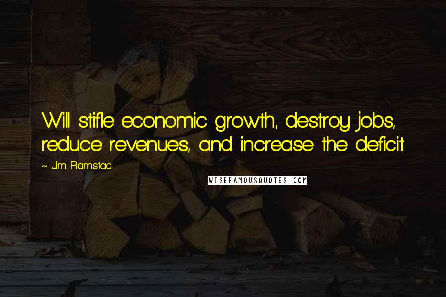 Jim Ramstad Quotes: Will stifle economic growth, destroy jobs, reduce revenues, and increase the deficit.