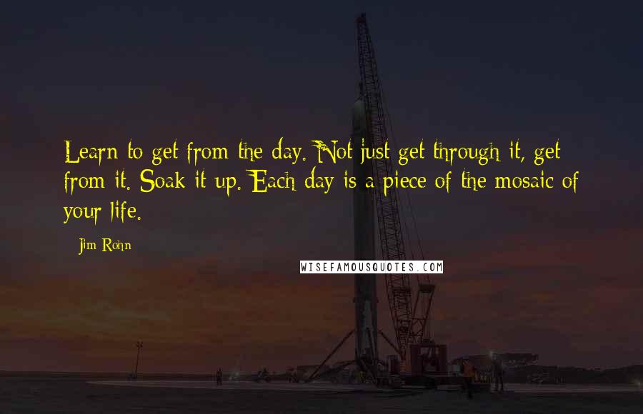 Jim Rohn Quotes: Learn to get from the day. Not just get through it, get from it. Soak it up. Each day is a piece of the mosaic of your life.