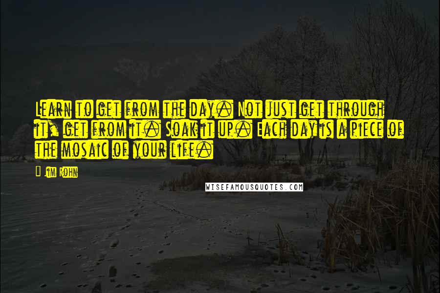 Jim Rohn Quotes: Learn to get from the day. Not just get through it, get from it. Soak it up. Each day is a piece of the mosaic of your life.