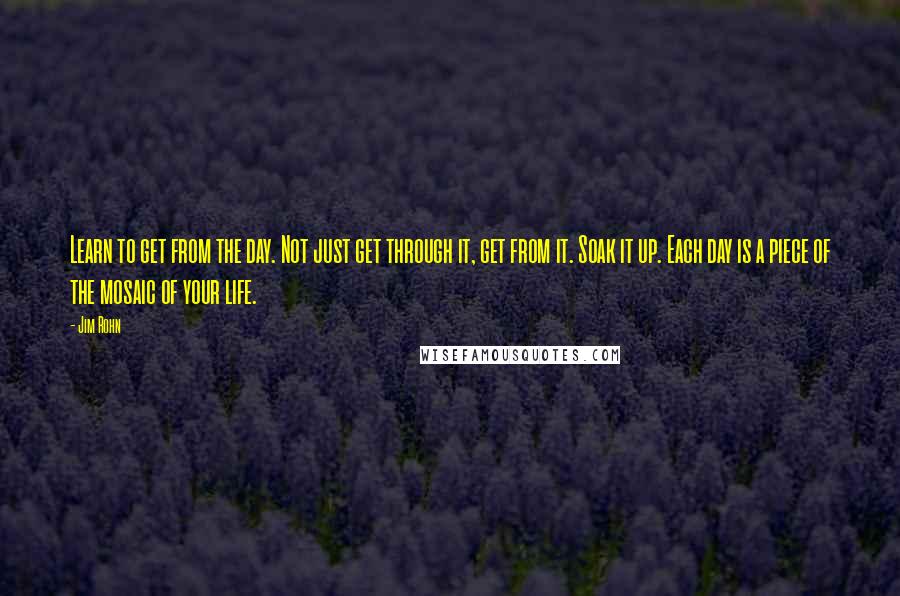 Jim Rohn Quotes: Learn to get from the day. Not just get through it, get from it. Soak it up. Each day is a piece of the mosaic of your life.