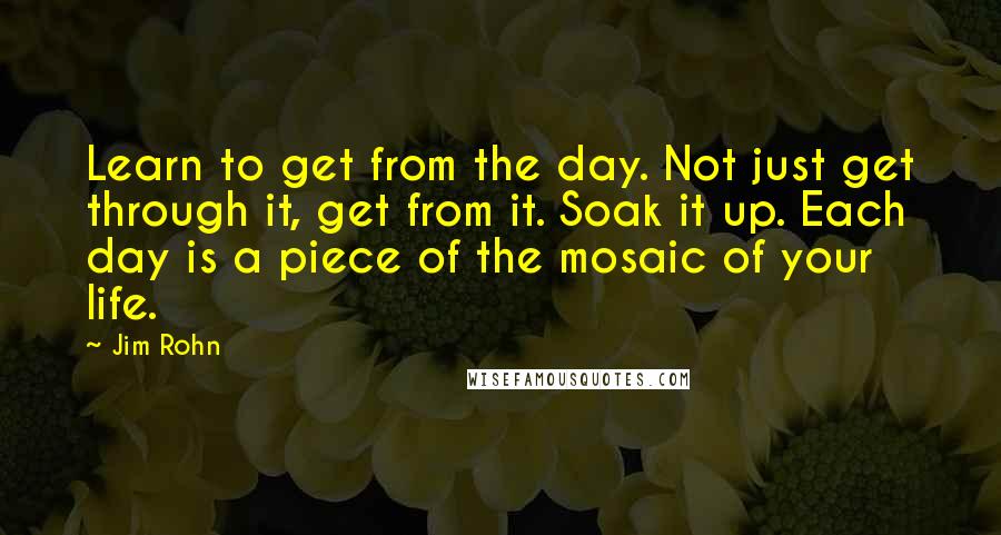 Jim Rohn Quotes: Learn to get from the day. Not just get through it, get from it. Soak it up. Each day is a piece of the mosaic of your life.