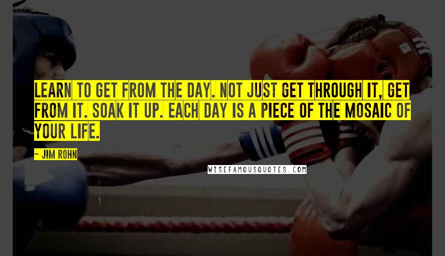 Jim Rohn Quotes: Learn to get from the day. Not just get through it, get from it. Soak it up. Each day is a piece of the mosaic of your life.