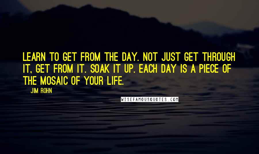 Jim Rohn Quotes: Learn to get from the day. Not just get through it, get from it. Soak it up. Each day is a piece of the mosaic of your life.