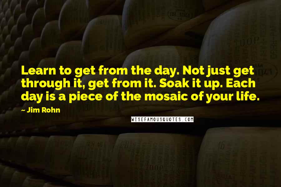 Jim Rohn Quotes: Learn to get from the day. Not just get through it, get from it. Soak it up. Each day is a piece of the mosaic of your life.