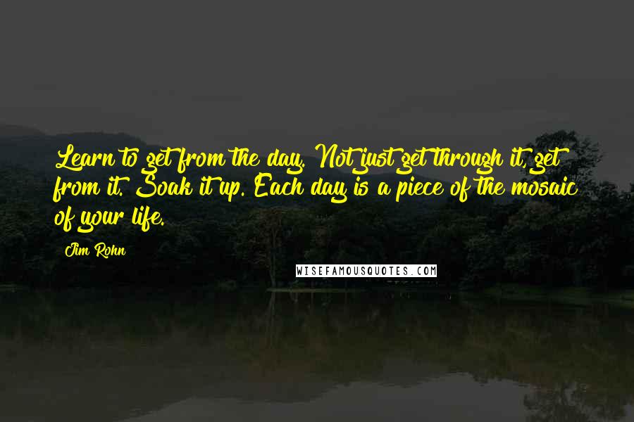 Jim Rohn Quotes: Learn to get from the day. Not just get through it, get from it. Soak it up. Each day is a piece of the mosaic of your life.