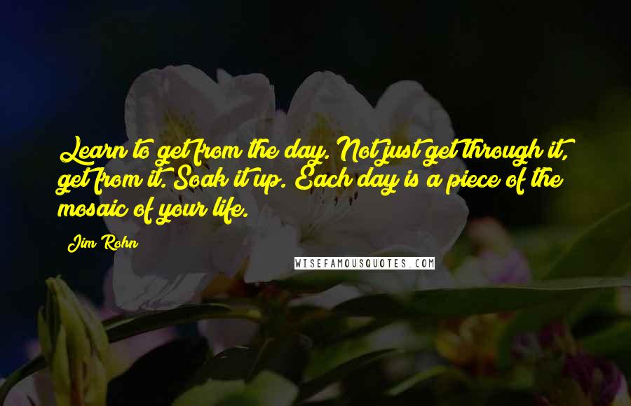 Jim Rohn Quotes: Learn to get from the day. Not just get through it, get from it. Soak it up. Each day is a piece of the mosaic of your life.