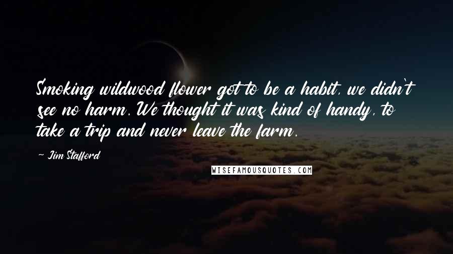 Jim Stafford Quotes: Smoking wildwood flower got to be a habit, we didn't see no harm. We thought it was kind of handy, to take a trip and never leave the farm.