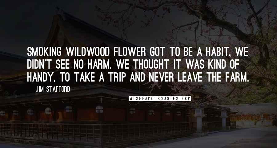 Jim Stafford Quotes: Smoking wildwood flower got to be a habit, we didn't see no harm. We thought it was kind of handy, to take a trip and never leave the farm.