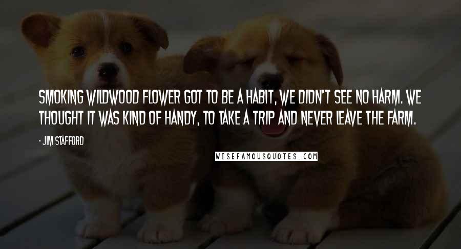 Jim Stafford Quotes: Smoking wildwood flower got to be a habit, we didn't see no harm. We thought it was kind of handy, to take a trip and never leave the farm.