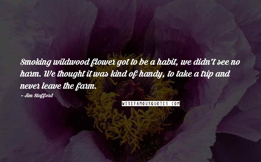 Jim Stafford Quotes: Smoking wildwood flower got to be a habit, we didn't see no harm. We thought it was kind of handy, to take a trip and never leave the farm.