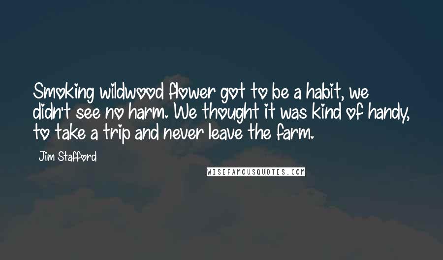 Jim Stafford Quotes: Smoking wildwood flower got to be a habit, we didn't see no harm. We thought it was kind of handy, to take a trip and never leave the farm.