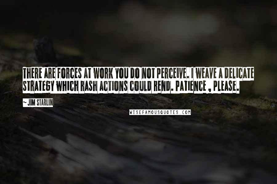 Jim Starlin Quotes: There are forces at work you do not perceive. I weave a delicate strategy which rash actions could rend. Patience , please.