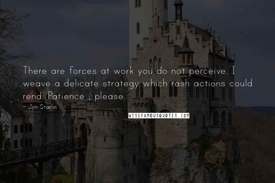 Jim Starlin Quotes: There are forces at work you do not perceive. I weave a delicate strategy which rash actions could rend. Patience , please.