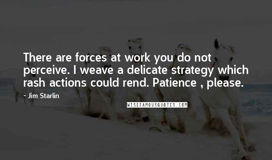 Jim Starlin Quotes: There are forces at work you do not perceive. I weave a delicate strategy which rash actions could rend. Patience , please.