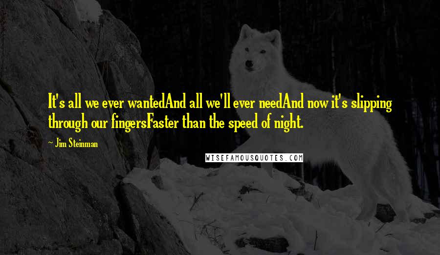 Jim Steinman Quotes: It's all we ever wantedAnd all we'll ever needAnd now it's slipping through our fingersFaster than the speed of night.