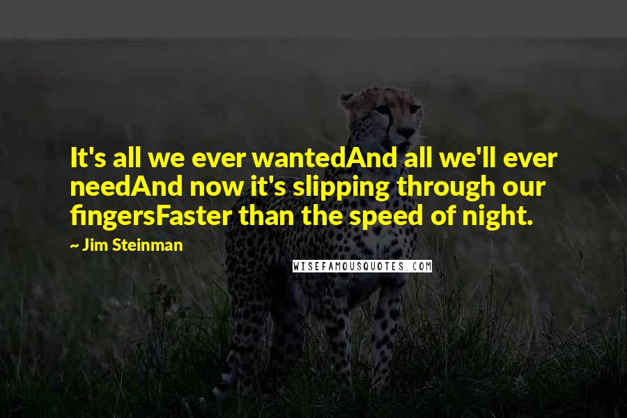 Jim Steinman Quotes: It's all we ever wantedAnd all we'll ever needAnd now it's slipping through our fingersFaster than the speed of night.