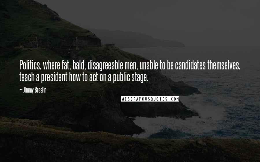 Jimmy Breslin Quotes: Politics, where fat, bald, disagreeable men, unable to be candidates themselves, teach a president how to act on a public stage.