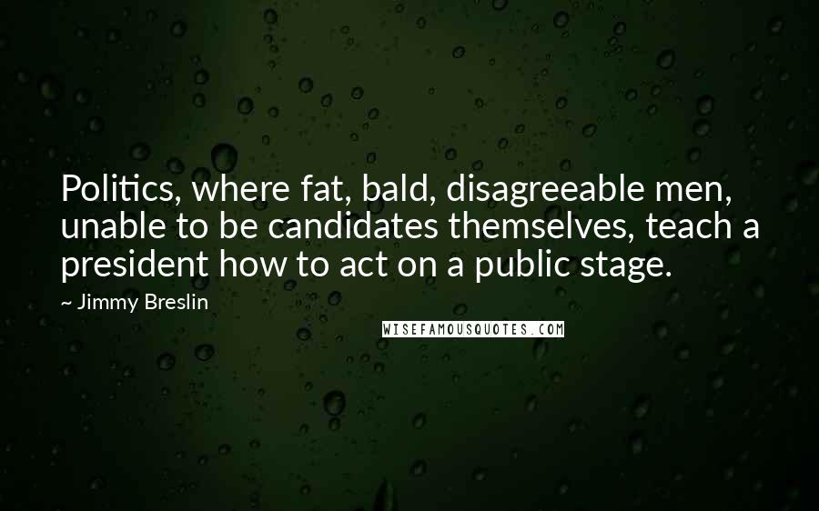 Jimmy Breslin Quotes: Politics, where fat, bald, disagreeable men, unable to be candidates themselves, teach a president how to act on a public stage.