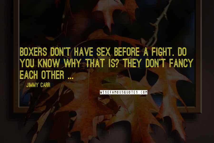 Jimmy Carr Quotes: Boxers don't have sex before a fight. Do you know why that is? They don't fancy each other ...