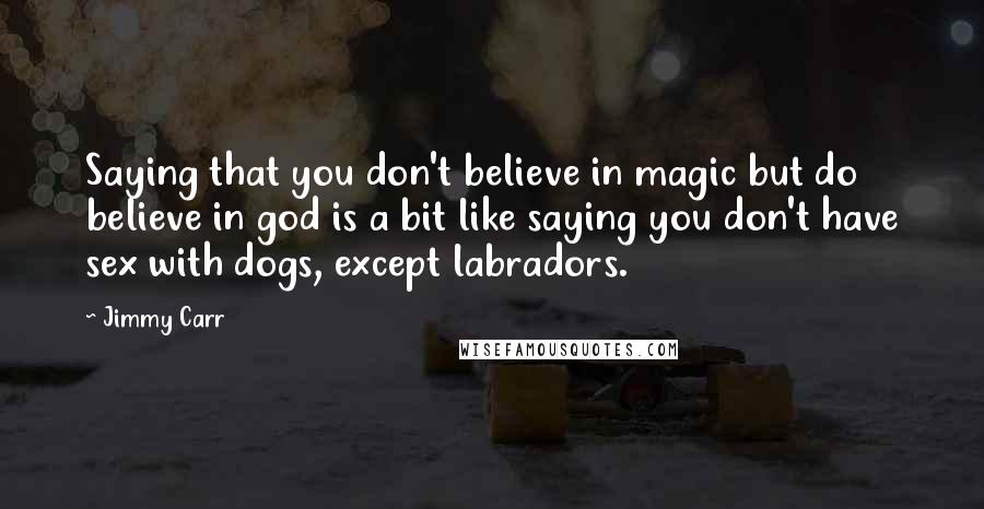 Jimmy Carr Quotes: Saying that you don't believe in magic but do believe in god is a bit like saying you don't have sex with dogs, except labradors.