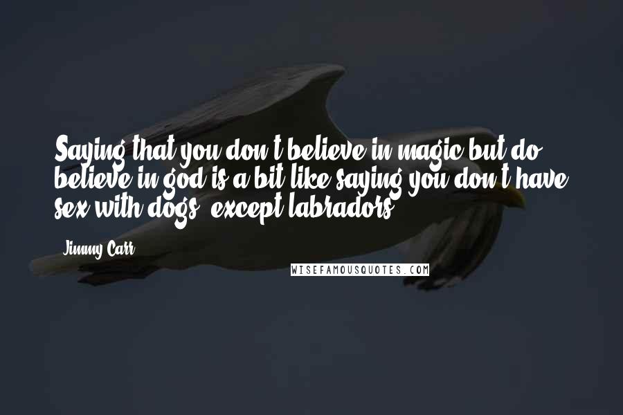 Jimmy Carr Quotes: Saying that you don't believe in magic but do believe in god is a bit like saying you don't have sex with dogs, except labradors.