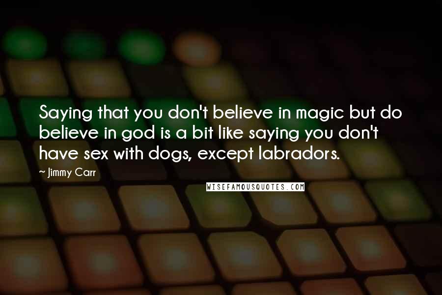 Jimmy Carr Quotes: Saying that you don't believe in magic but do believe in god is a bit like saying you don't have sex with dogs, except labradors.