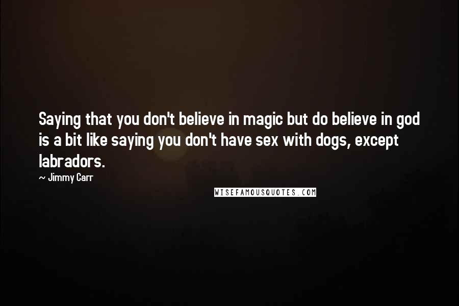 Jimmy Carr Quotes: Saying that you don't believe in magic but do believe in god is a bit like saying you don't have sex with dogs, except labradors.