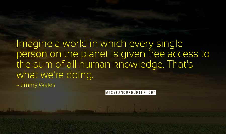 Jimmy Wales Quotes: Imagine a world in which every single person on the planet is given free access to the sum of all human knowledge. That's what we're doing.