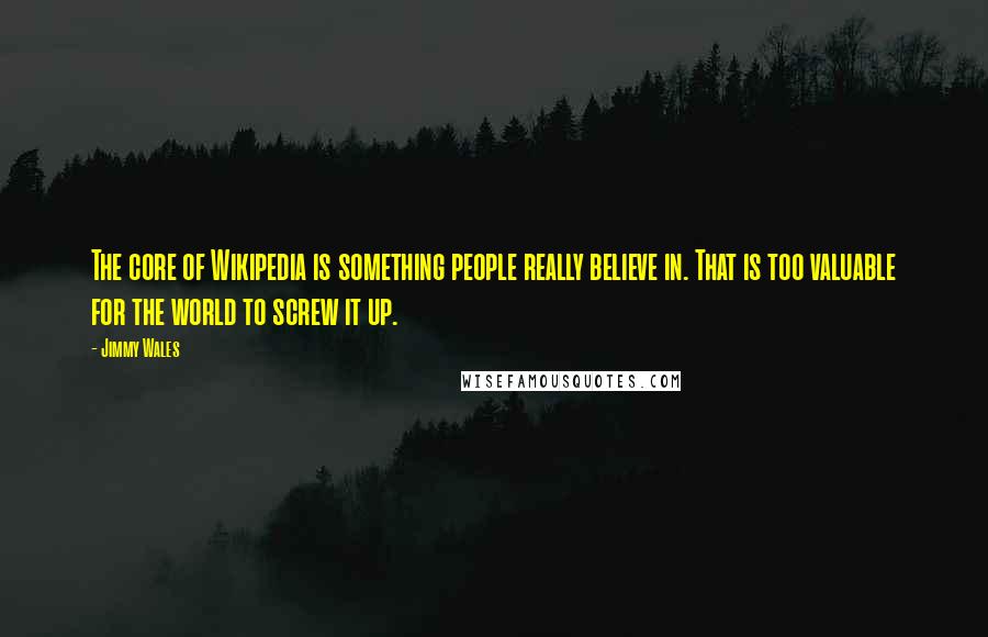 Jimmy Wales Quotes: The core of Wikipedia is something people really believe in. That is too valuable for the world to screw it up.