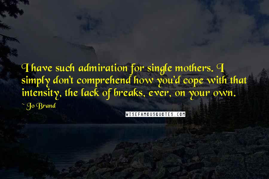 Jo Brand Quotes: I have such admiration for single mothers. I simply don't comprehend how you'd cope with that intensity, the lack of breaks, ever, on your own.