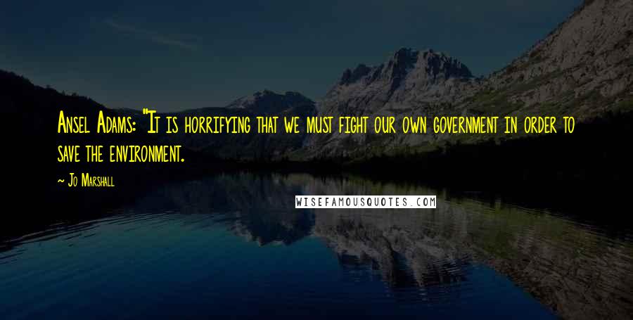 Jo Marshall Quotes: Ansel Adams: "It is horrifying that we must fight our own government in order to save the environment.