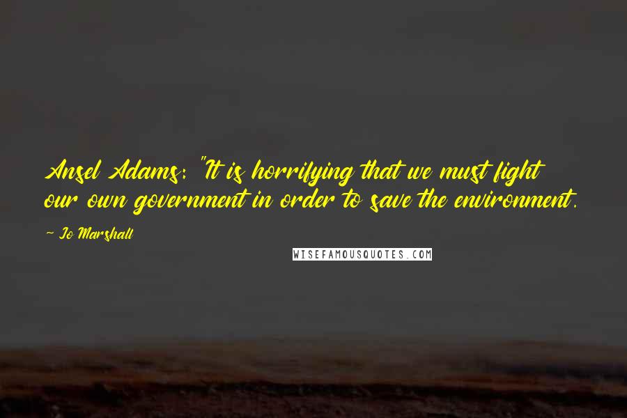 Jo Marshall Quotes: Ansel Adams: "It is horrifying that we must fight our own government in order to save the environment.