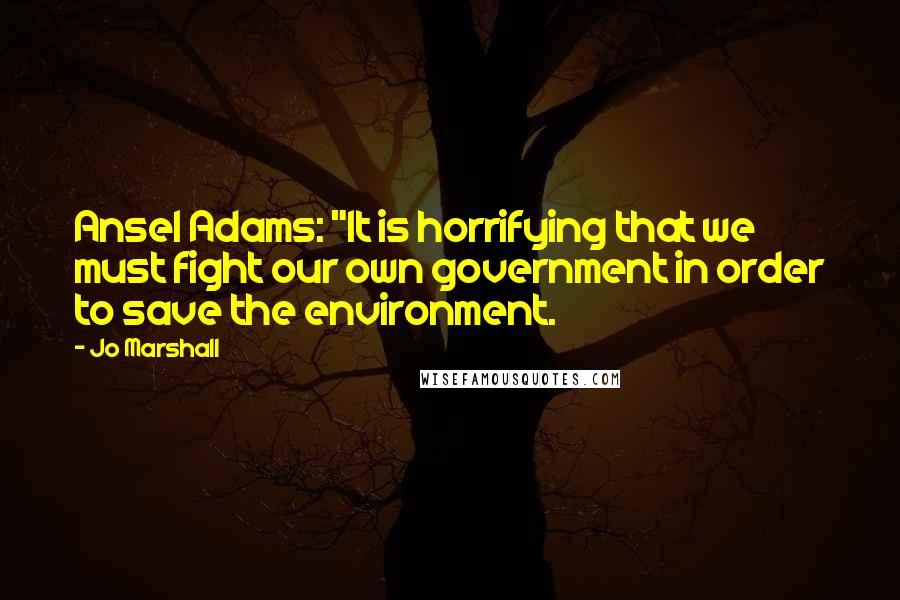 Jo Marshall Quotes: Ansel Adams: "It is horrifying that we must fight our own government in order to save the environment.