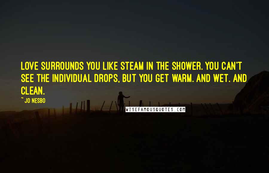 Jo Nesbo Quotes: Love surrounds you like steam in the shower. You can't see the individual drops, but you get warm. And wet. And clean.