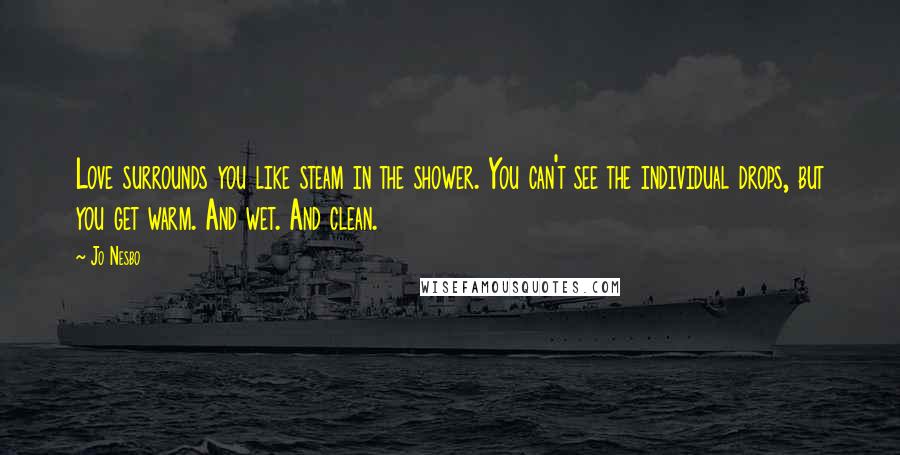 Jo Nesbo Quotes: Love surrounds you like steam in the shower. You can't see the individual drops, but you get warm. And wet. And clean.