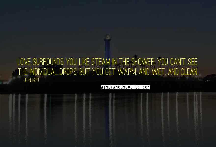 Jo Nesbo Quotes: Love surrounds you like steam in the shower. You can't see the individual drops, but you get warm. And wet. And clean.