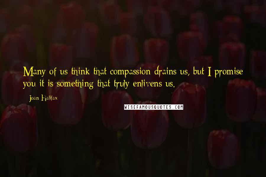 Joan Halifax Quotes: Many of us think that compassion drains us, but I promise you it is something that truly enlivens us.