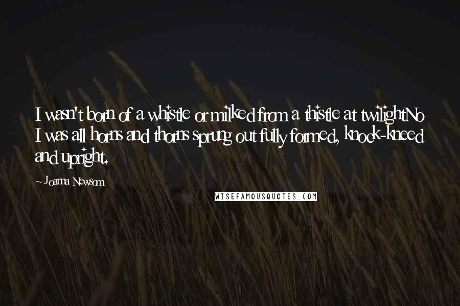 Joanna Newsom Quotes: I wasn't born of a whistle or milked from a thistle at twilightNo I was all horns and thorns sprung out fully formed, knock-kneed and upright.