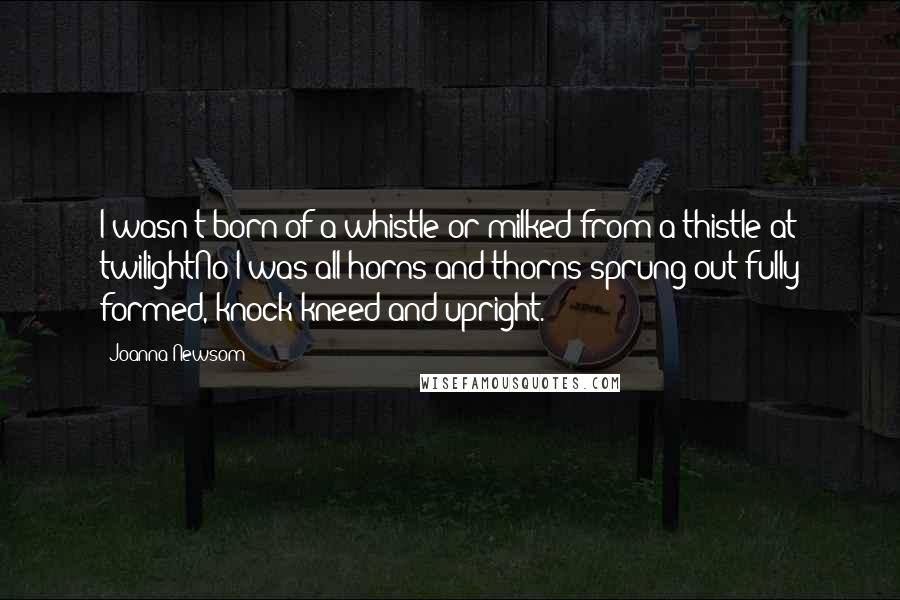 Joanna Newsom Quotes: I wasn't born of a whistle or milked from a thistle at twilightNo I was all horns and thorns sprung out fully formed, knock-kneed and upright.