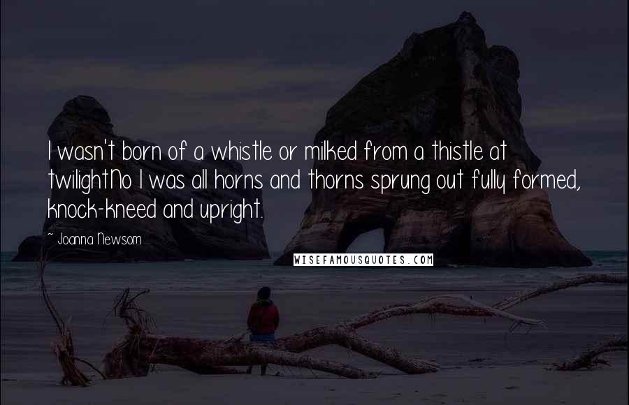 Joanna Newsom Quotes: I wasn't born of a whistle or milked from a thistle at twilightNo I was all horns and thorns sprung out fully formed, knock-kneed and upright.