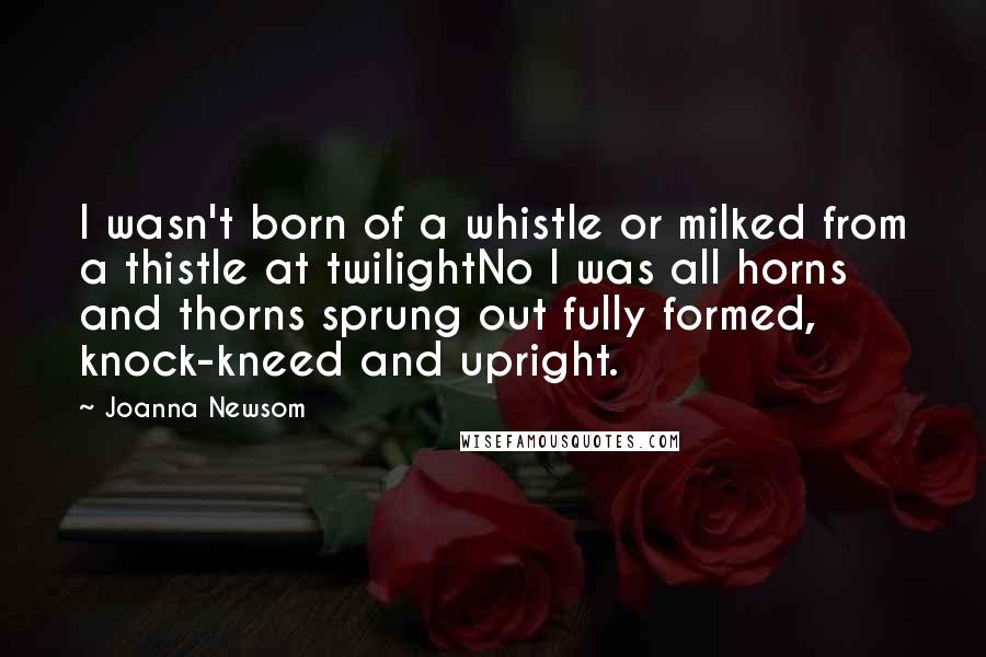 Joanna Newsom Quotes: I wasn't born of a whistle or milked from a thistle at twilightNo I was all horns and thorns sprung out fully formed, knock-kneed and upright.