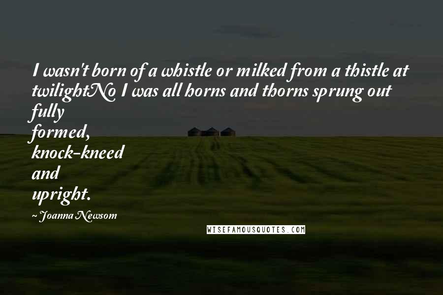 Joanna Newsom Quotes: I wasn't born of a whistle or milked from a thistle at twilightNo I was all horns and thorns sprung out fully formed, knock-kneed and upright.