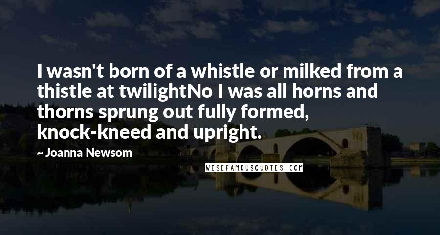 Joanna Newsom Quotes: I wasn't born of a whistle or milked from a thistle at twilightNo I was all horns and thorns sprung out fully formed, knock-kneed and upright.