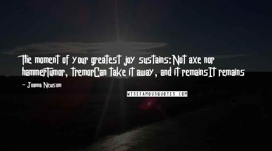 Joanna Newsom Quotes: The moment of your greatest joy sustains:Not axe nor hammerTumor, tremorCan take it away, and it remainsIt remains