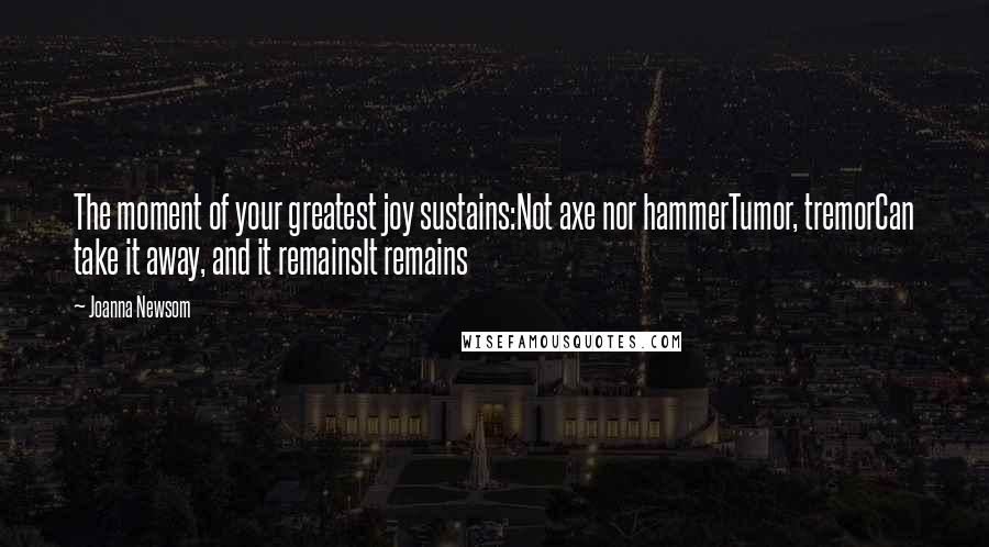 Joanna Newsom Quotes: The moment of your greatest joy sustains:Not axe nor hammerTumor, tremorCan take it away, and it remainsIt remains