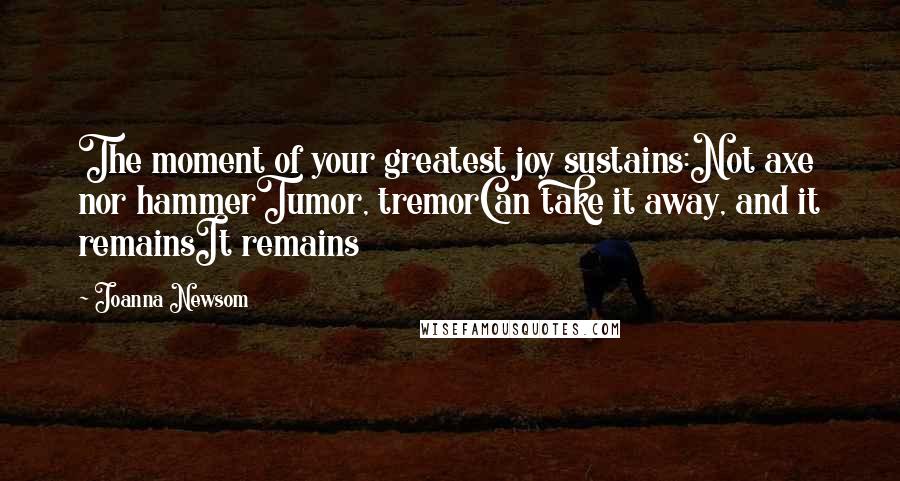 Joanna Newsom Quotes: The moment of your greatest joy sustains:Not axe nor hammerTumor, tremorCan take it away, and it remainsIt remains