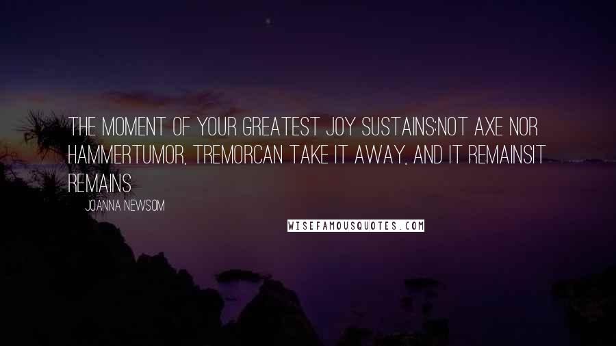 Joanna Newsom Quotes: The moment of your greatest joy sustains:Not axe nor hammerTumor, tremorCan take it away, and it remainsIt remains